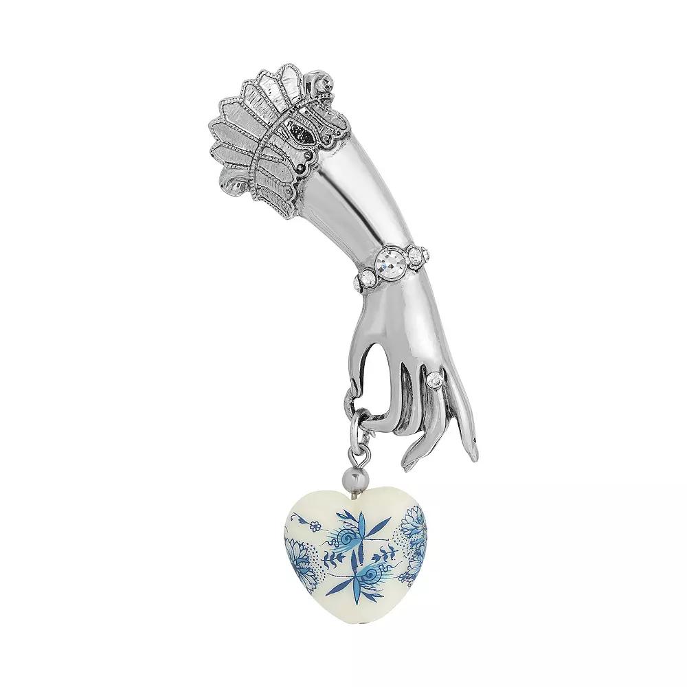 1928 Silver Tone Ladys Hand Pin with Crystal Accents & Blue & White Heart Charm, Womens Product Image