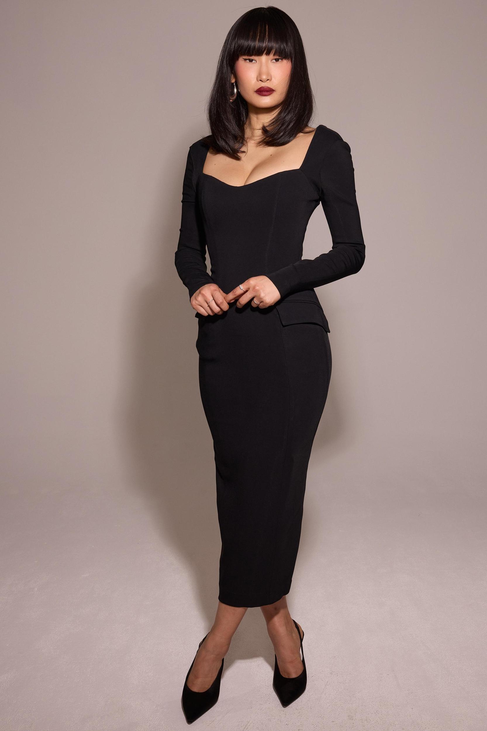 Ella  black stretch crepe long sleeve midi dress Product Image