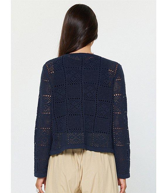Current Air Pointelle Knit Round Neck Long Sleeve Button Front Cardigan Product Image