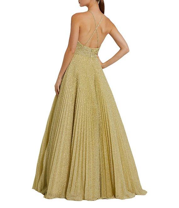 Mac Duggal Halter Neckline Pleated Glitter Knit Ballgown Product Image