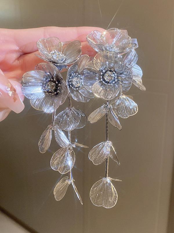 Flower Shape Geometric Rhine Stones Drop Earrings Product Image