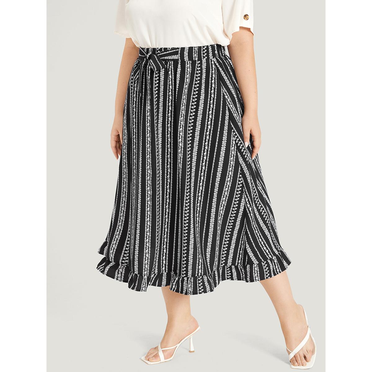 Plus Size Striped Bowknot Pocket Ruffle Trim Skirt Women Black Office Cross straps No stretch Pocket Work Skirts BloomChic 30/6X Product Image