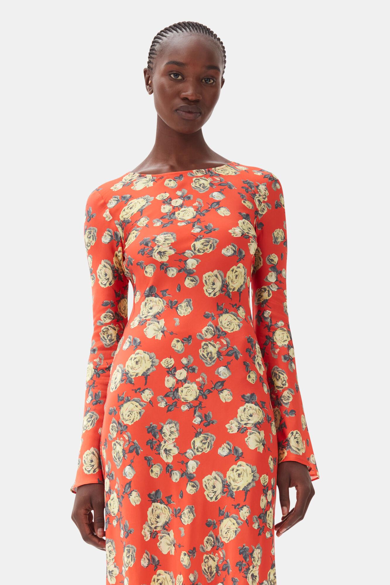 Orange Floral Printed Satin Maxi Dress Product Image