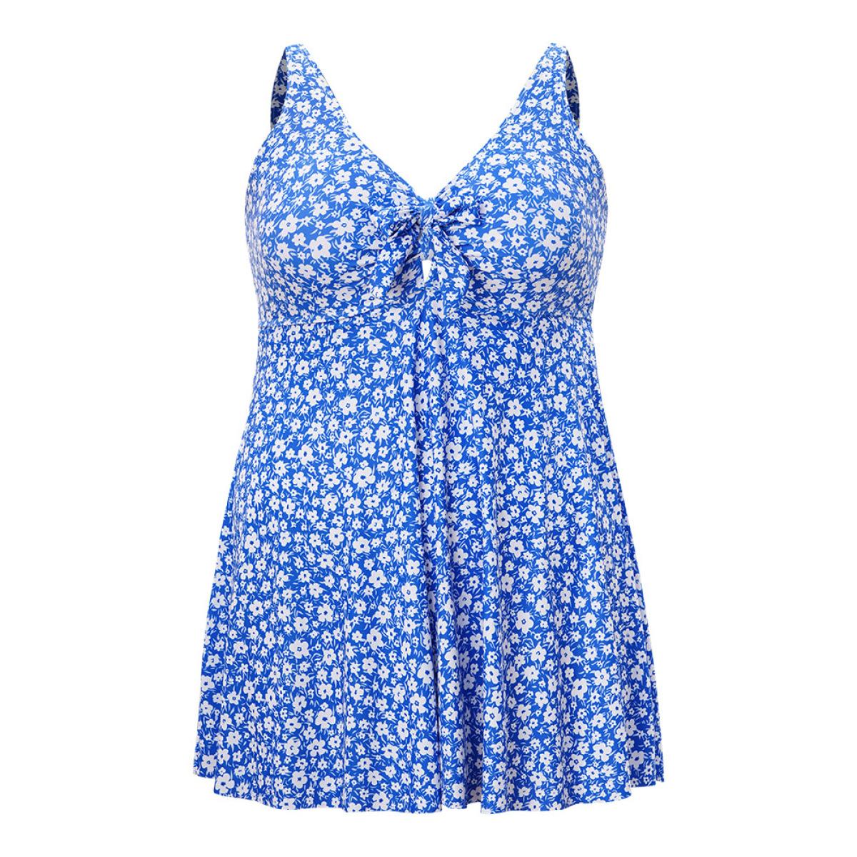 Plus Size Ditsy Floral Ruffle Knotted Front Swim Dress Women's Swimwear Blue Vacation Bodycon V-neck High stretch Curve Swim Dresses BloomChic 28/5X Product Image