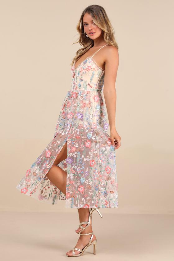 Mahryn Beige 3D Floral Embroidered Midi Bodysuit Dress Product Image