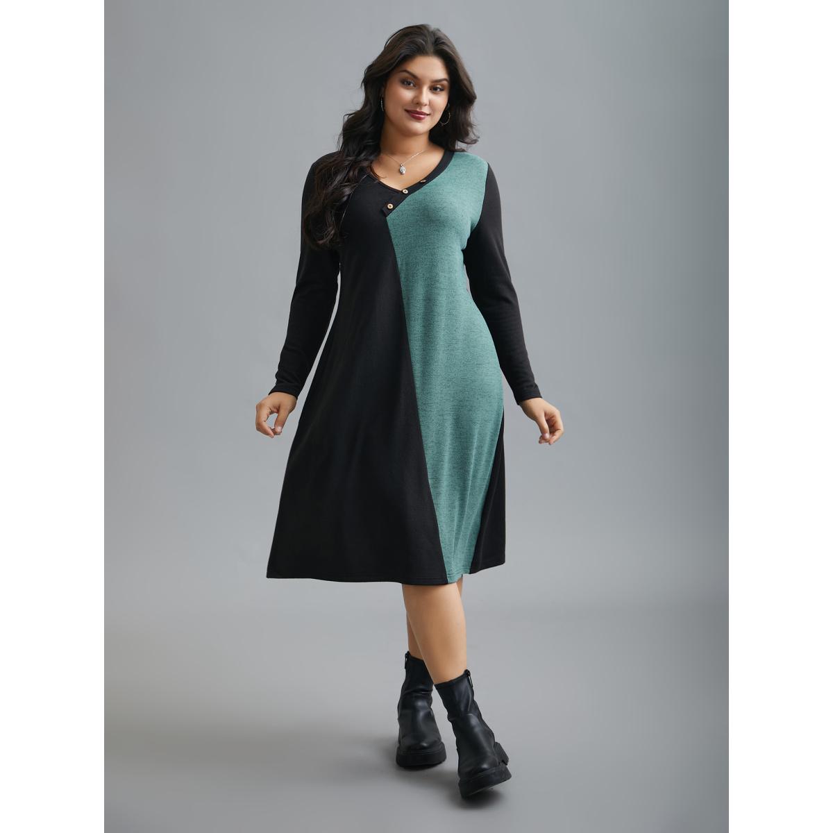 Plus Size V Neck Contrast Patchwork Button Detail Dress Black Women Casual Contrast Knit Dresses Bloomchic 12/L Product Image