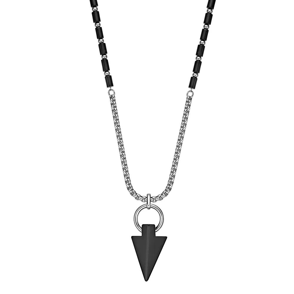 Men's LYNX Stainless Steel Black Agate Arrow Head Pendant Necklace,  Product Image