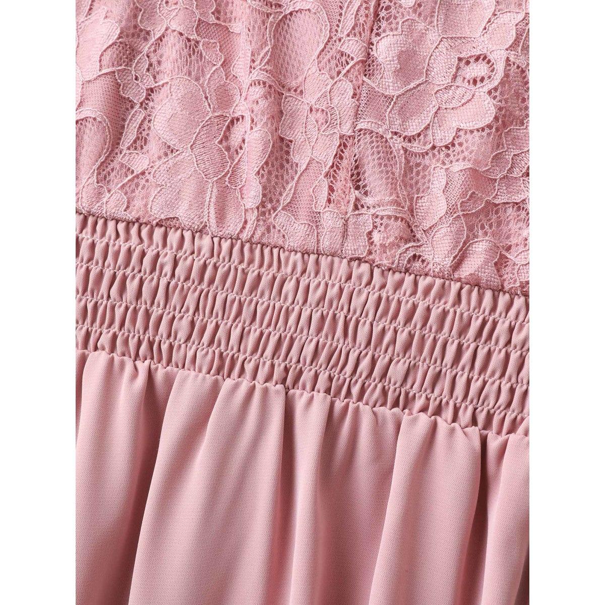 Plus Size Lace Sheer Stretchy Waist Solid Midi Dress Watermelon Women V-neck Short sleeve Curvy BloomChic 14-16/1X Product Image