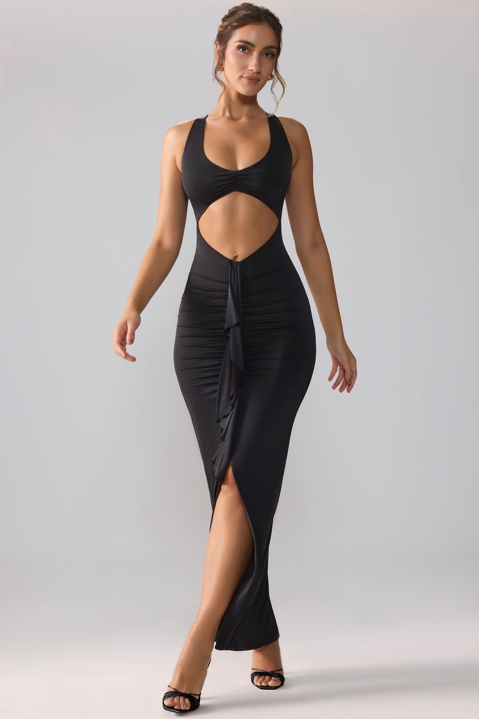 Slinky Jersey Cut Out Ruffle Racerback Maxi Dress in Black Product Image
