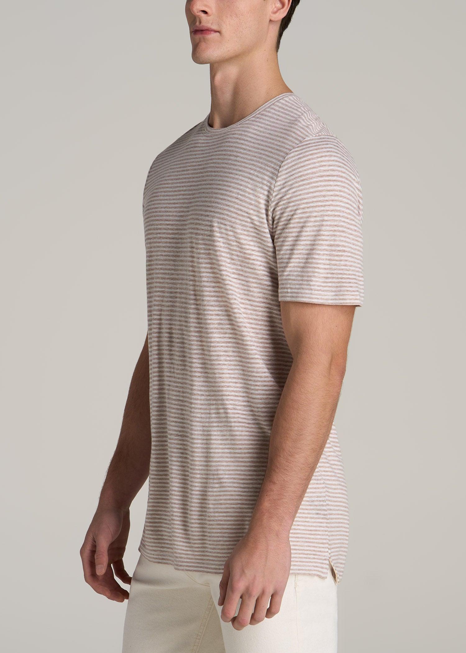 Linen Crewneck T-Shirt for Tall Men in Beige and White Stripe Male Product Image