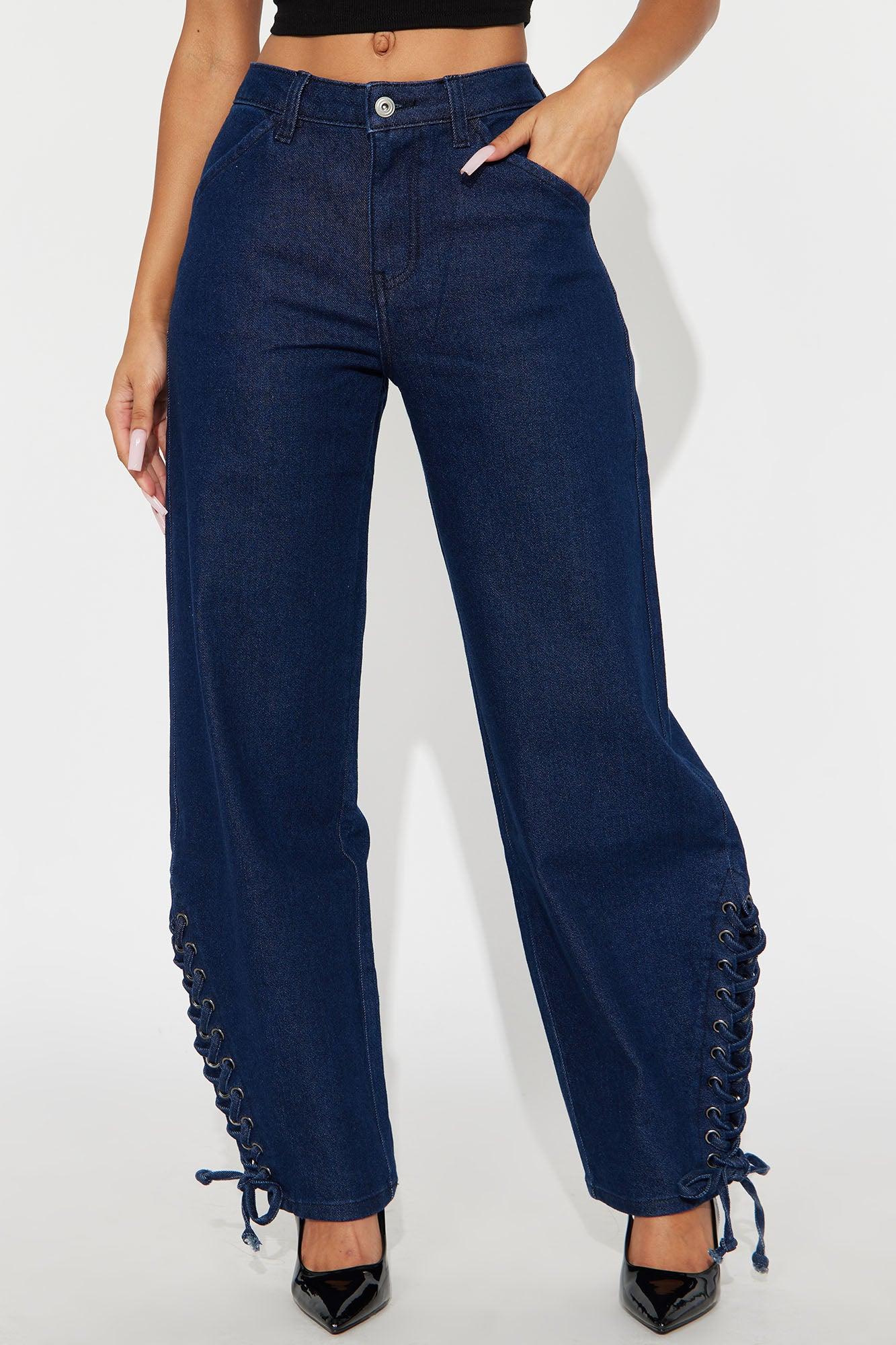 Lace It Up Barrel Leg Jeans - Dark Wash Female Product Image