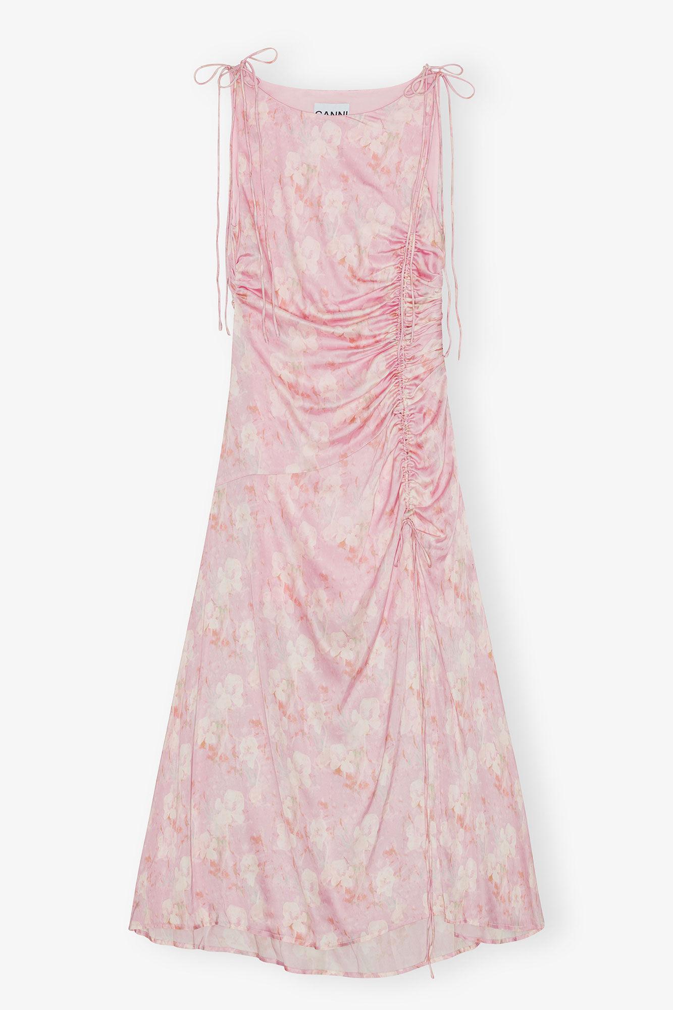 Pink Printed Satin Gathered Dress Product Image