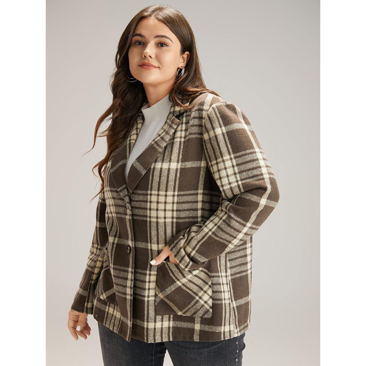 Plus Size Plaid Patched Pocket Button Through Coat Women DarkBrown Casual Contrast Ladies Dailywear Winter Coats BloomChic 28/5X Product Image
