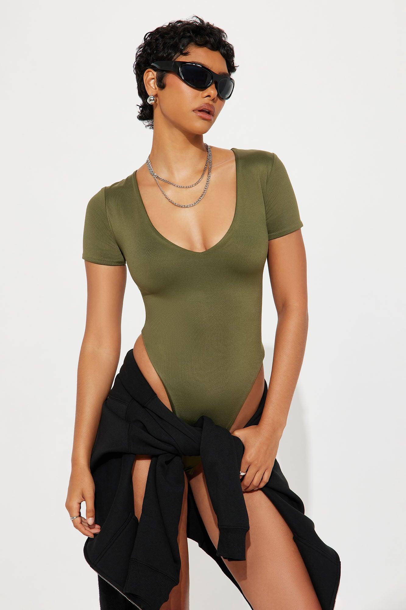 Contour Double Lined Short Sleeve High Cut Bodysuit - Military Green Female Product Image