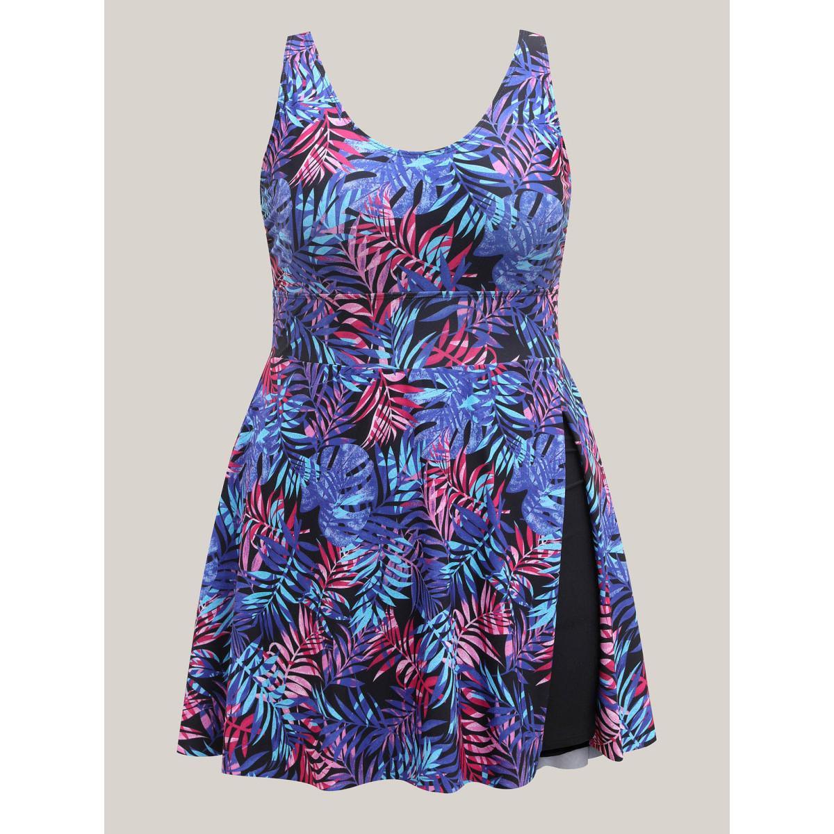Plus Size Tropical Floral Print Split Swim Dress Women's Swimwear Navy Beach Bodycon U-neck High stretch Curve Swim Dresses BloomChic 26/4X Product Image
