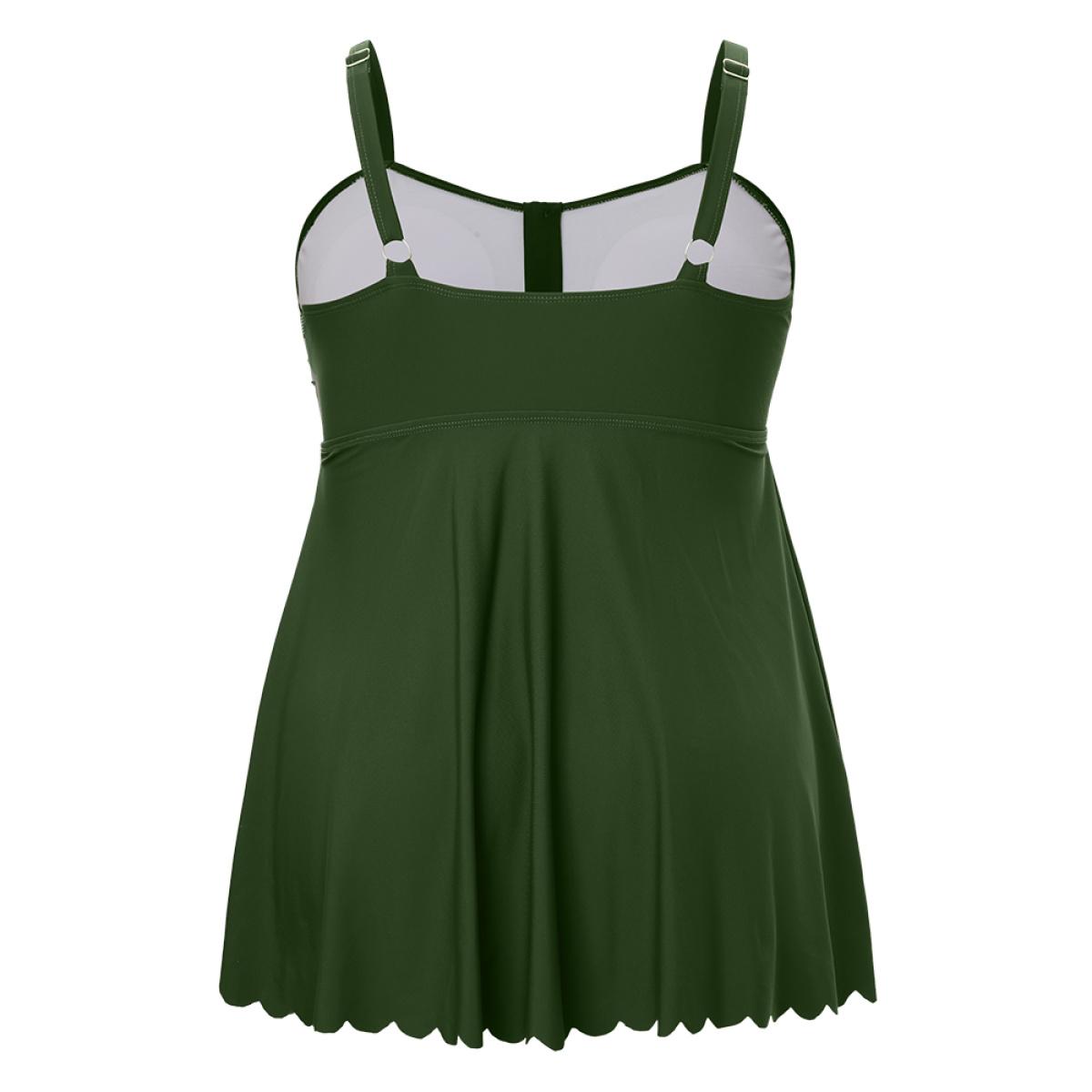 Plus Size Ruched Scalloped Trim Adjustable Straps Tankini Top Women's Swimwear ArmyGreen Vacation Adjustable Straps High stretch Bodycon Heart neckline Curve Swim Tops BloomChic 18-20/2X Product Image