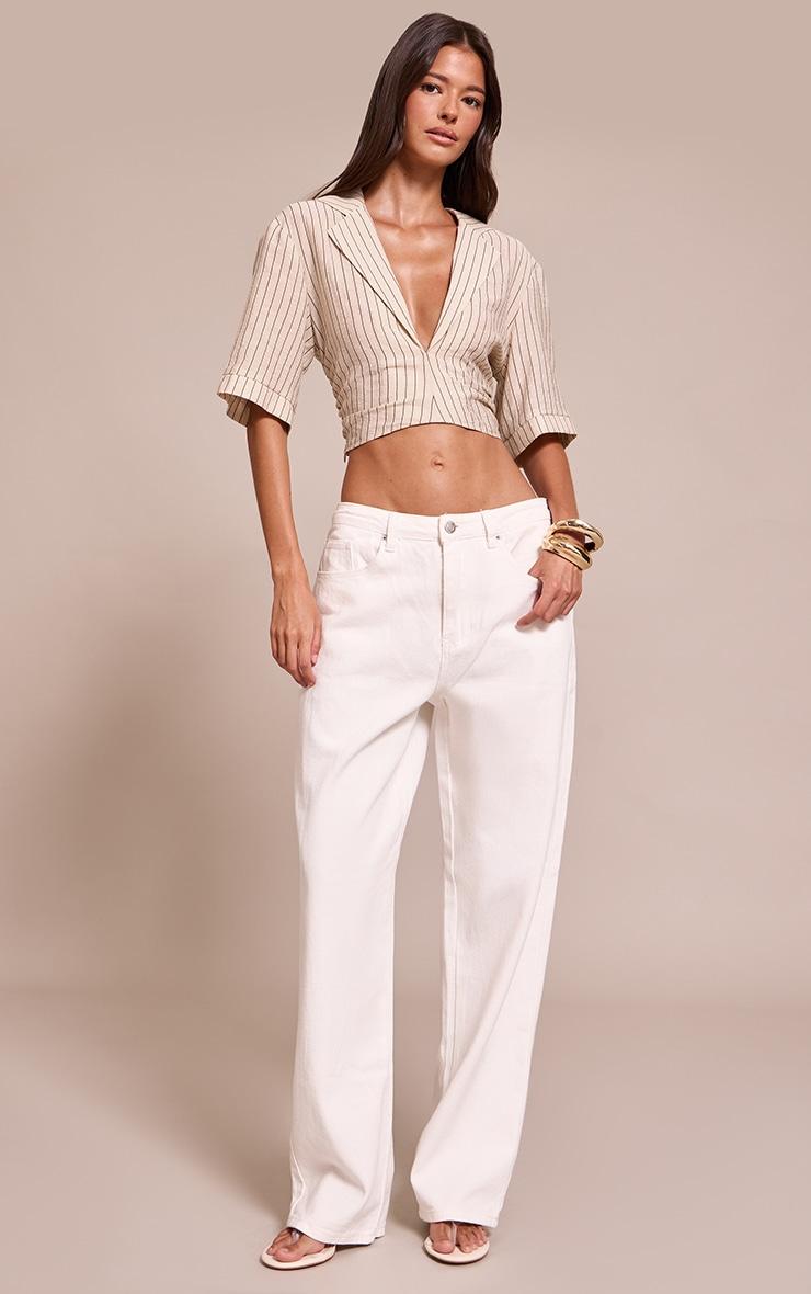 Stone Pinstripe Lightweight Woven Twist Cropped Shirt Product Image