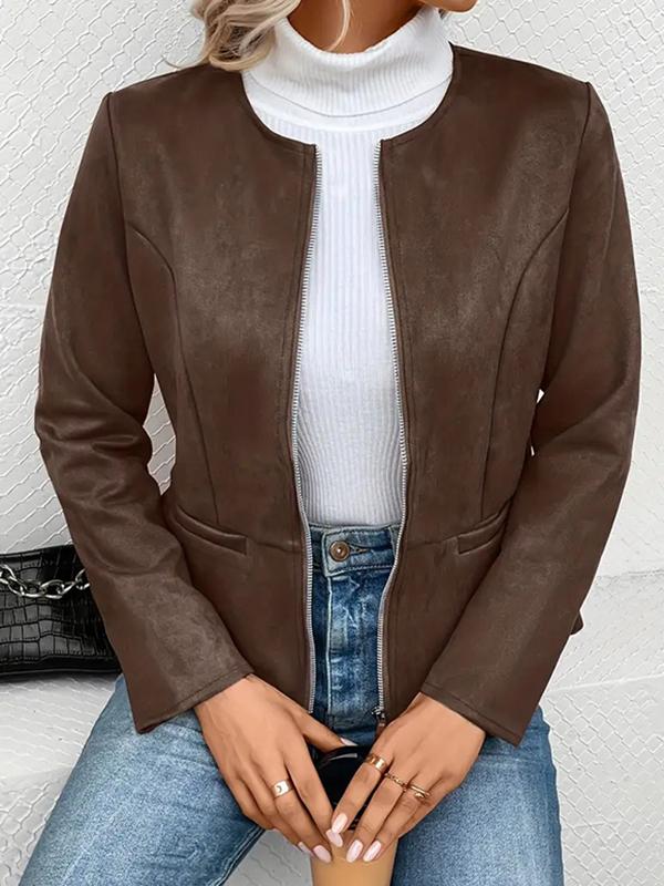 Long Sleeves Loose Pockets Solid Color Split-Joint Zipper Round-Neck Jackets Outerwear Product Image
