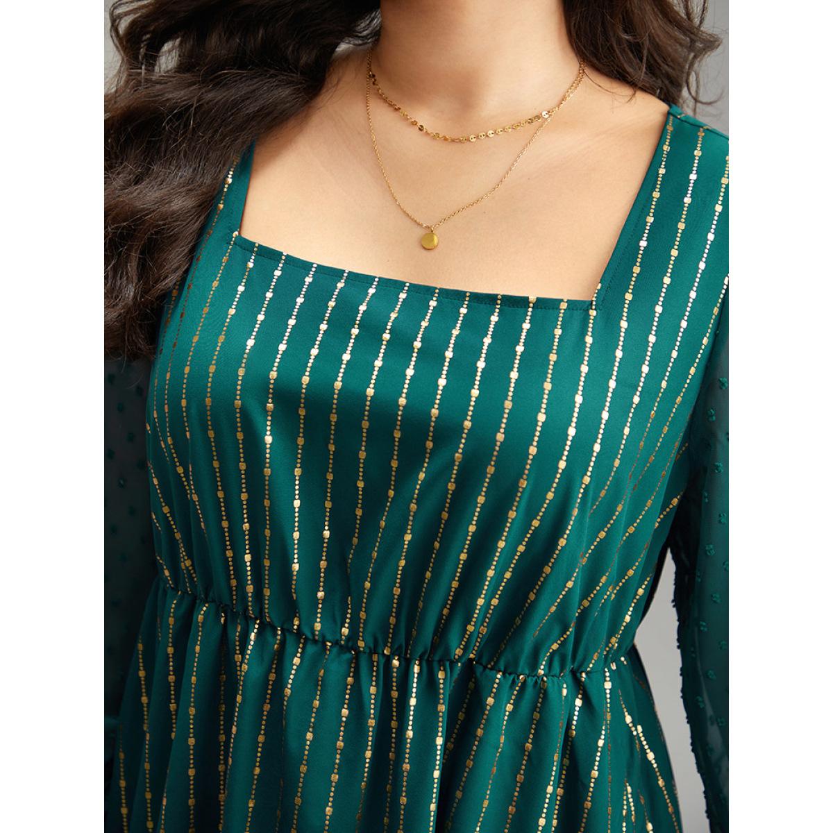 Plus Size Glitter Striped Patchwork Mesh Square Neck Dress Cyan Women Party See through Square Neck Long Sleeve Curvy Midi Dress BloomChic 28/5X Product Image