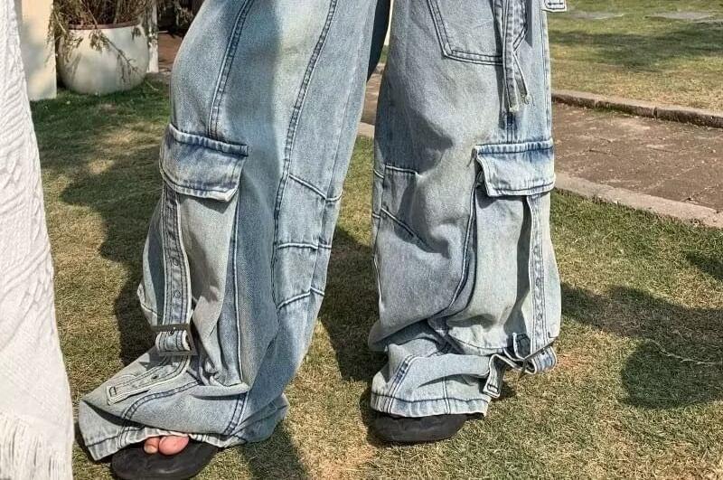 High Rise Washed Cargo Baggy Jeans Product Image