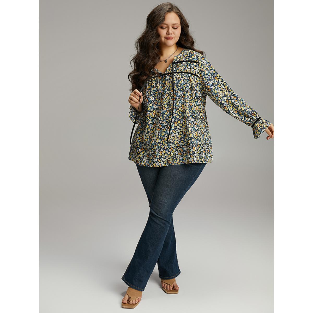 Plus Size Indigo Ditsy Floral Ties Contrast Trim Blouse Women Elegant Long Sleeve Tie Neck Dailywear Blouses BloomChic 30/6X Product Image