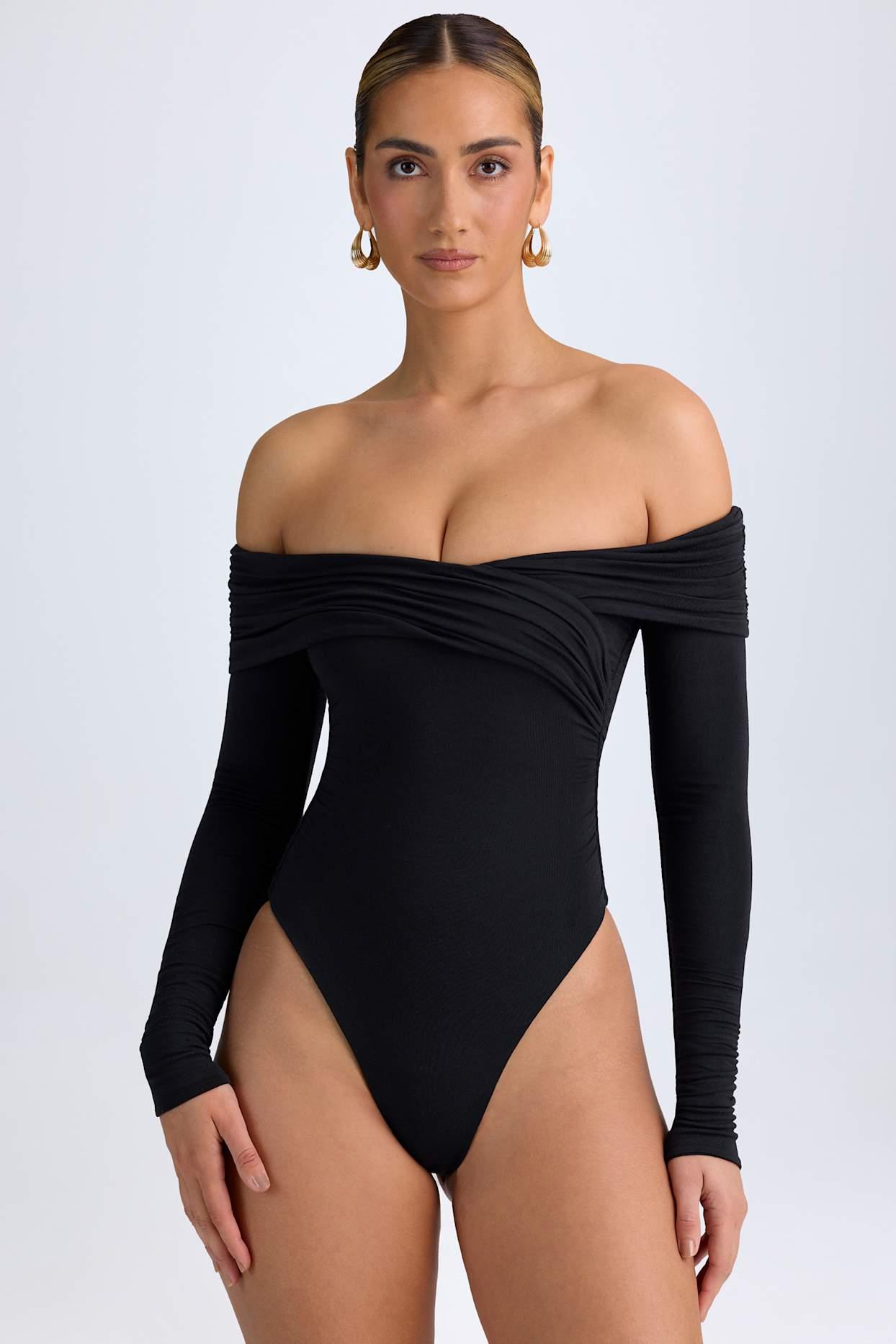 Modal Off-Shoulder Ruched Bodysuit in Black Product Image