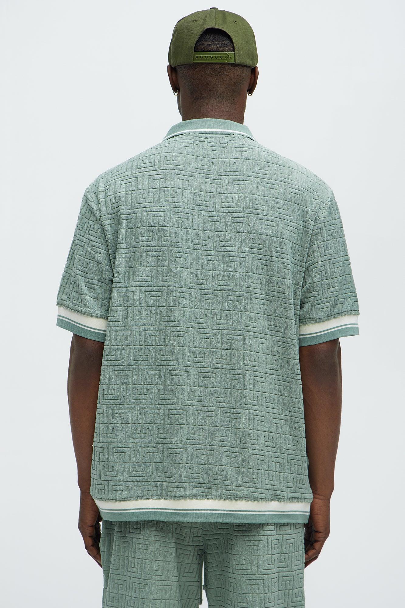 Grecian Textured Johnny Collar Polo Shirt - Sage Product Image