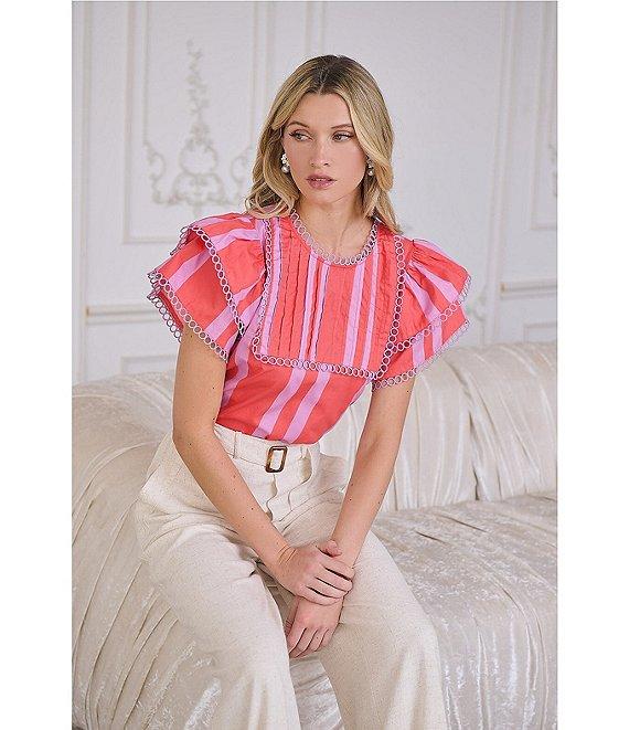 Sugarlips Azalea Stripe Print Crew Neck Short Sleeve Woven Top Product Image