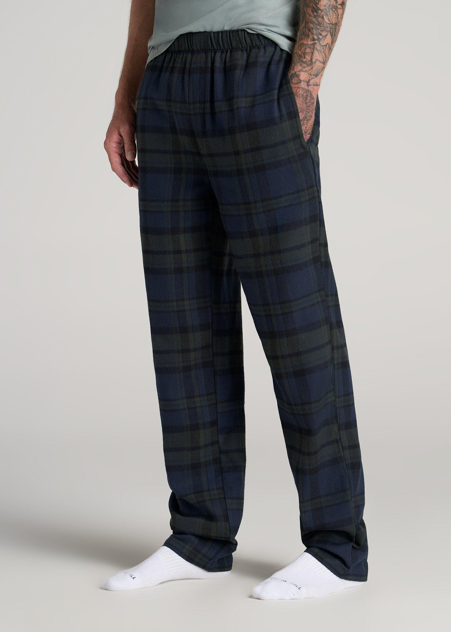 Plaid Pajama Pants for Tall Men in Olive & Dark Cobalt Plaid Male Product Image