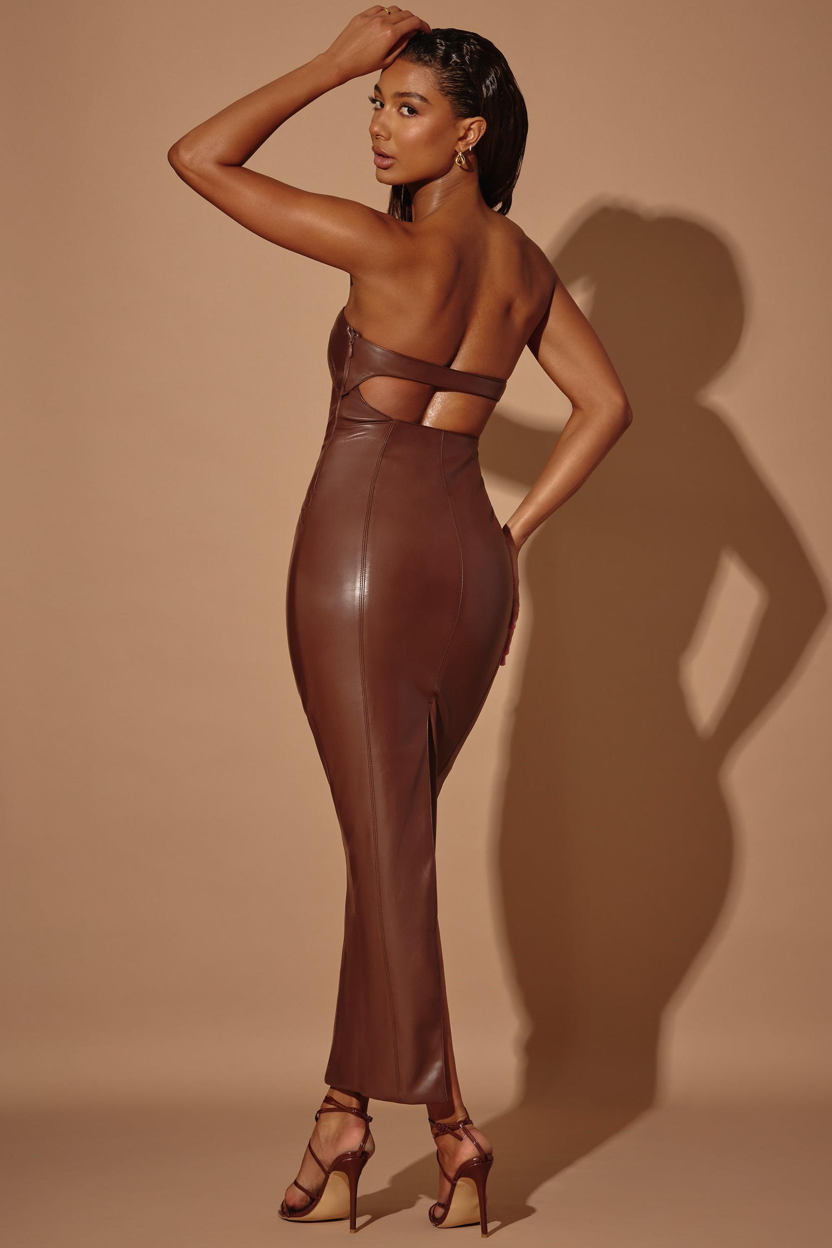 Strapless Vegan Leather Maxi Dress in Brown Product Image
