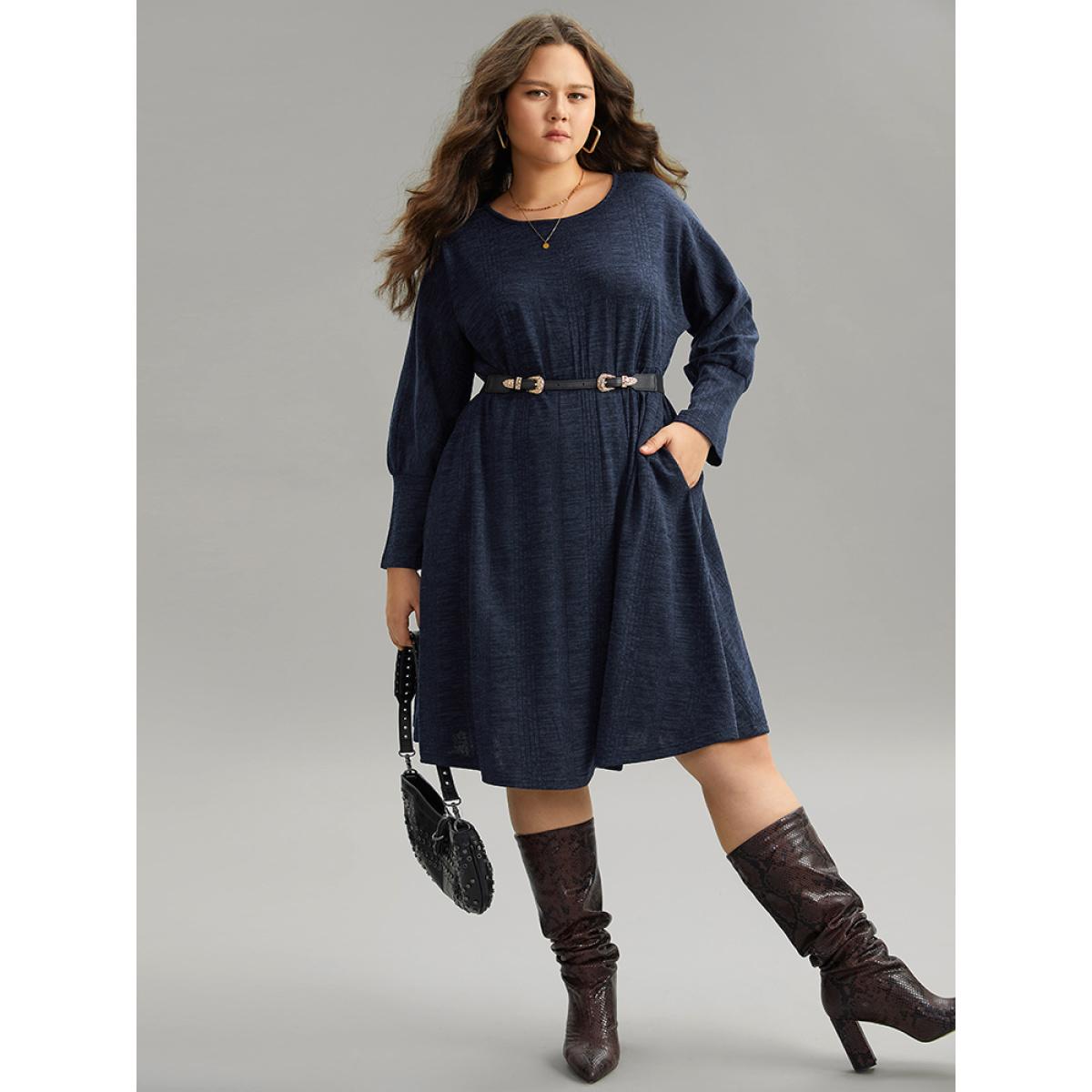 Plus Size Plain Textured Pocket Elastic Waist Dress Indigo Women Casual Texture Round Neck Long Sleeve Curvy Midi Dress BloomChic 12/L Product Image