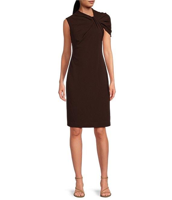 Trina Turk Keshi Stretch Woven Asymmetrical Twist Neck Short Sleeve Midi Sheath Dress Product Image