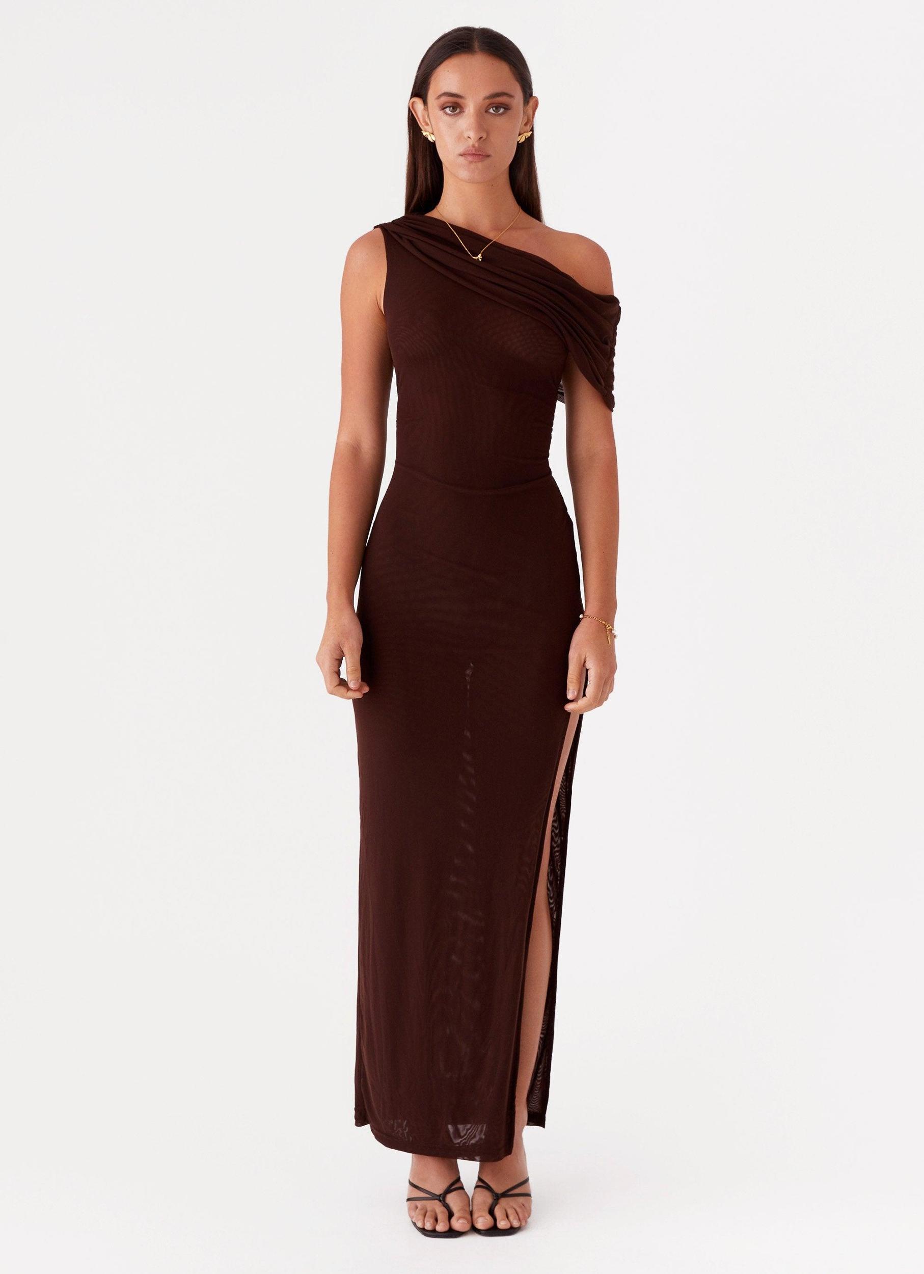 Ciara One Shoulder Draped Maxi Dress - Chocolate Product Image
