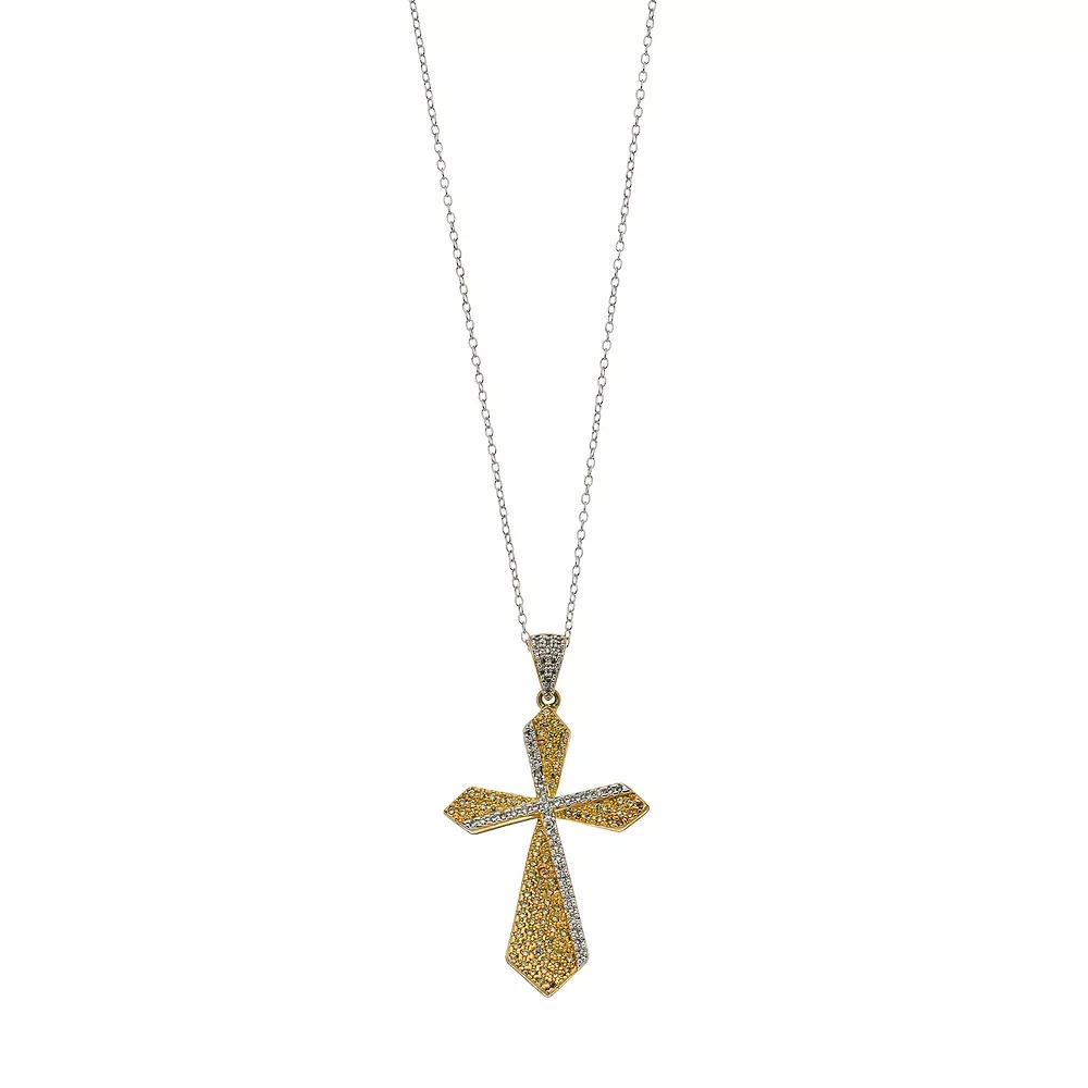 Two Tone Sterling Silver Cubic Zirconia Double Cross Pendant Necklace, Women's, Size: 18" Product Image