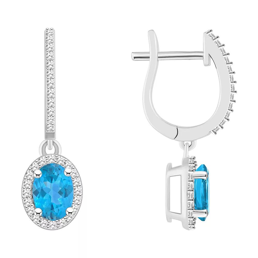 Celebration Gems Sterling Silver Oval-Cut Blue Topaz & 1/3 Carat T.W. Diamond Hoop Drop Earrings, Women's Product Image