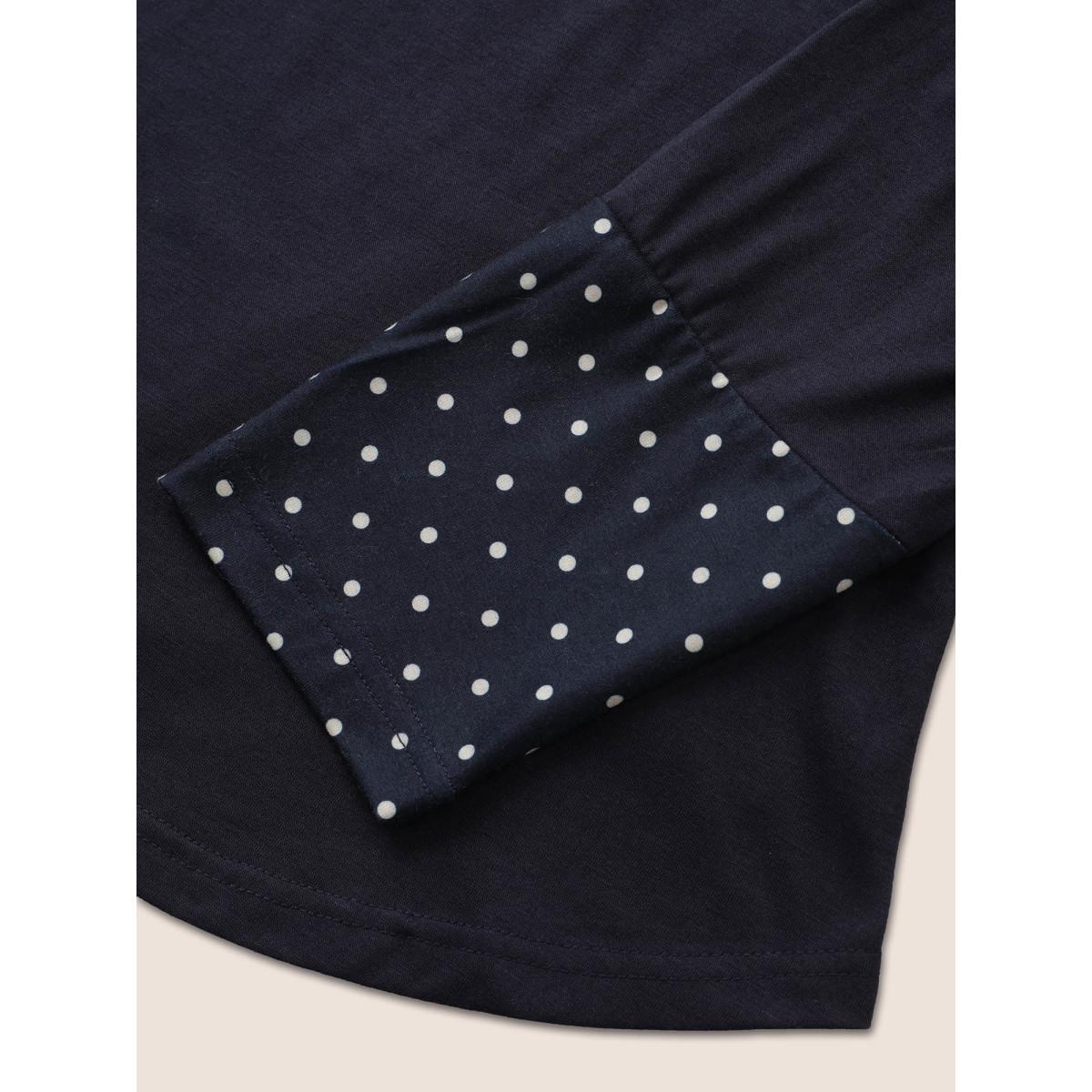 Plus Size Polka Dot Patchwork Notched Button Detail T-shirt Indigo Women Casual Contrast Polka Dot Notched collar Everyday T-shirts BloomChic 12/L Product Image