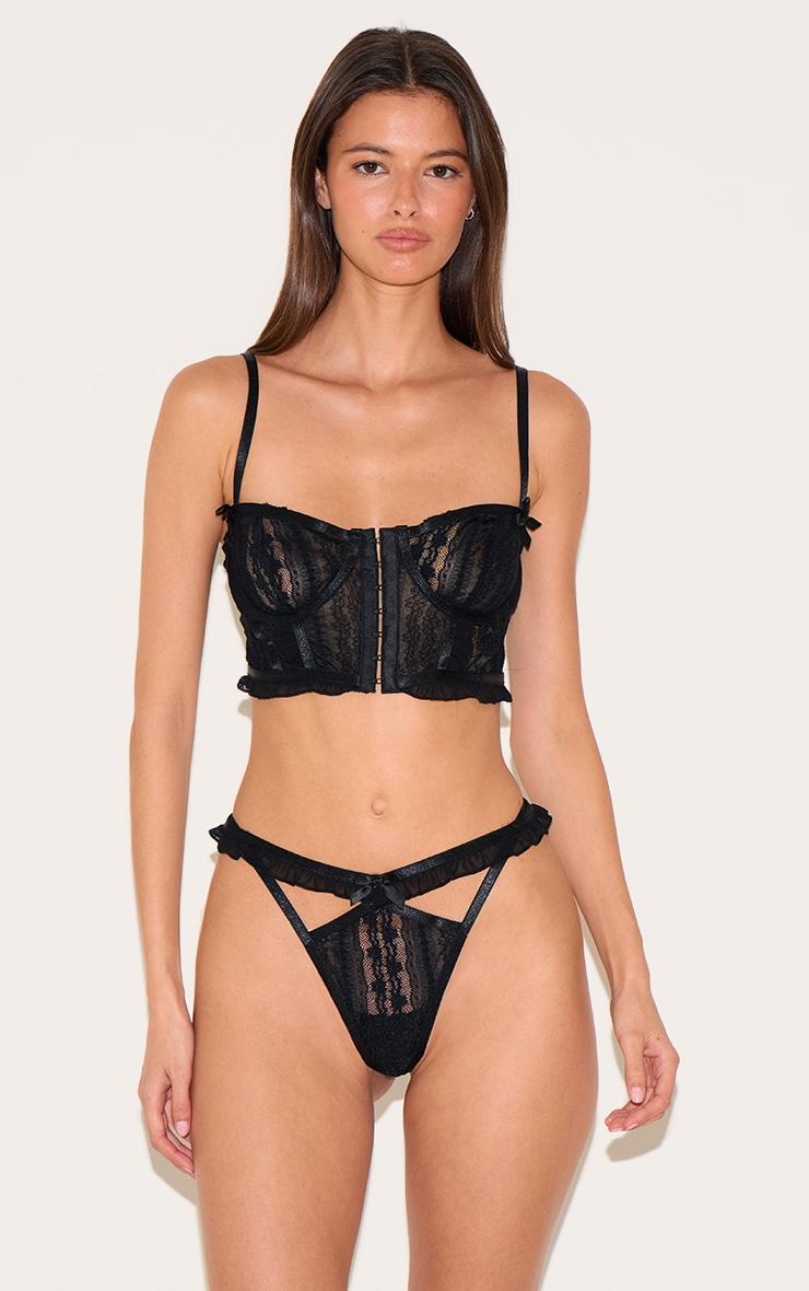 Black Textured Lace Corset Lingerie Set Product Image