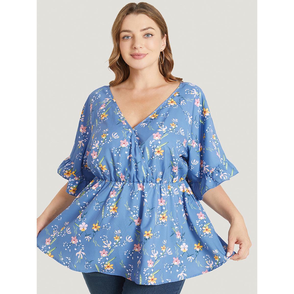 Plus Size Stone Floral Print Ruffles Flounce Sleeve Surplice Neck Blouse Women Elegant Short sleeve V-neck Dailywear Blouses BloomChic 12/L Product Image