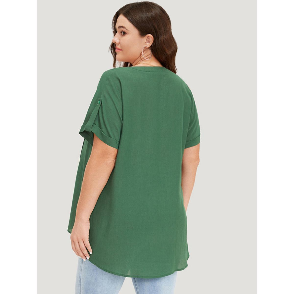 Plus Size ArmyGreen Solid Cuffed Sleeve Pleated Notched Blouse Women Elegant Short sleeve Notched collar Dailywear Blouses BloomChic 14-16/1X Product Image