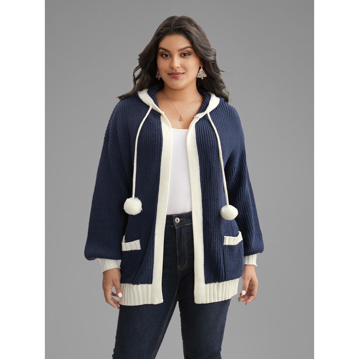 Plus Size Contrast Hood Hemline Pockets Open Cardigan Indigo Women Casual Loose Long Sleeve Everyday Cardigans BloomChic 18-20/2X Product Image