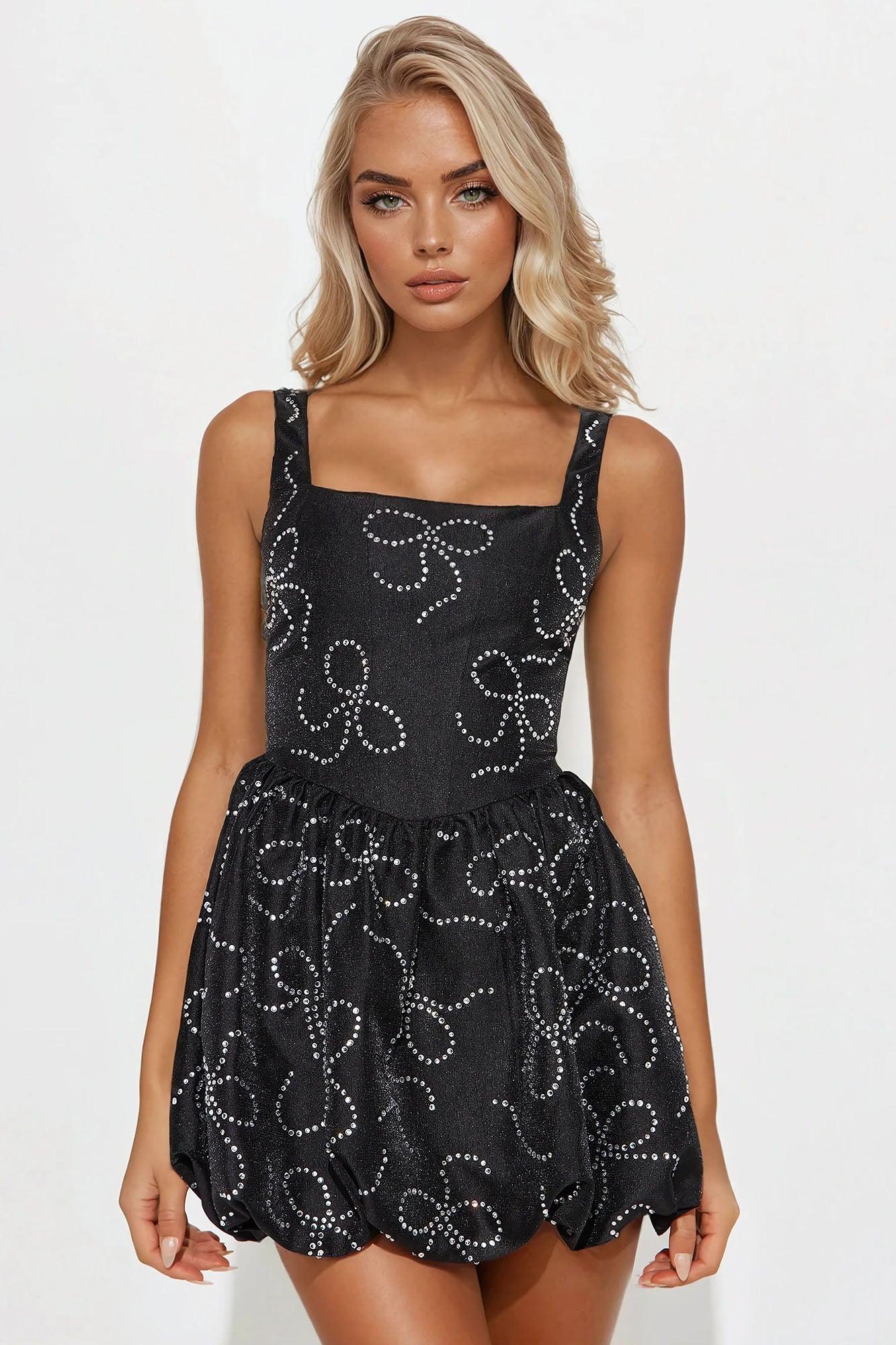 Bella Bow Rhinestone Bubble Mini Dress - Black Product Image