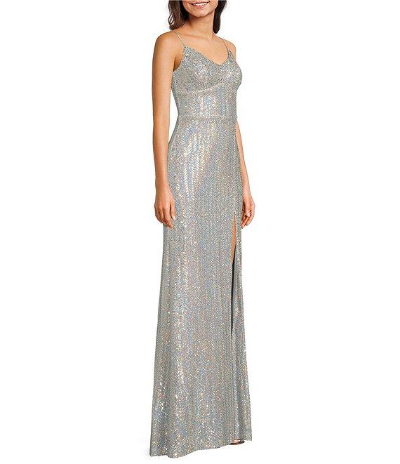 Next Up Sequin V-Neck Spaghetti Strap Tie Back Front Slit Dress Product Image