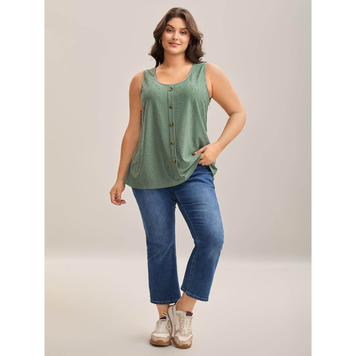 Plus Size Cut-Out Textured Button Detail Tank Top Women Greenbean Leisure Texture Round Neck Casual Tank Tops Camis BloomChic 28/5X Product Image