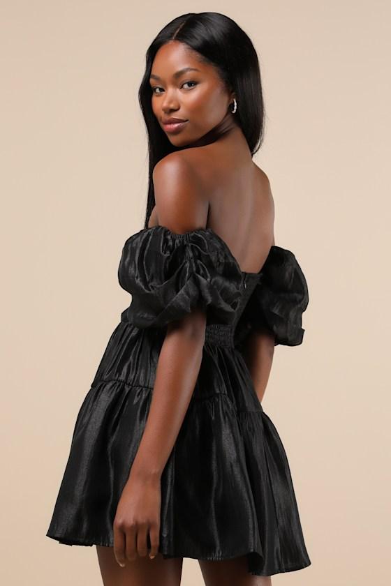 Impressively Delightful Black Tiered Off-the-Shoulder Mini Dress Product Image