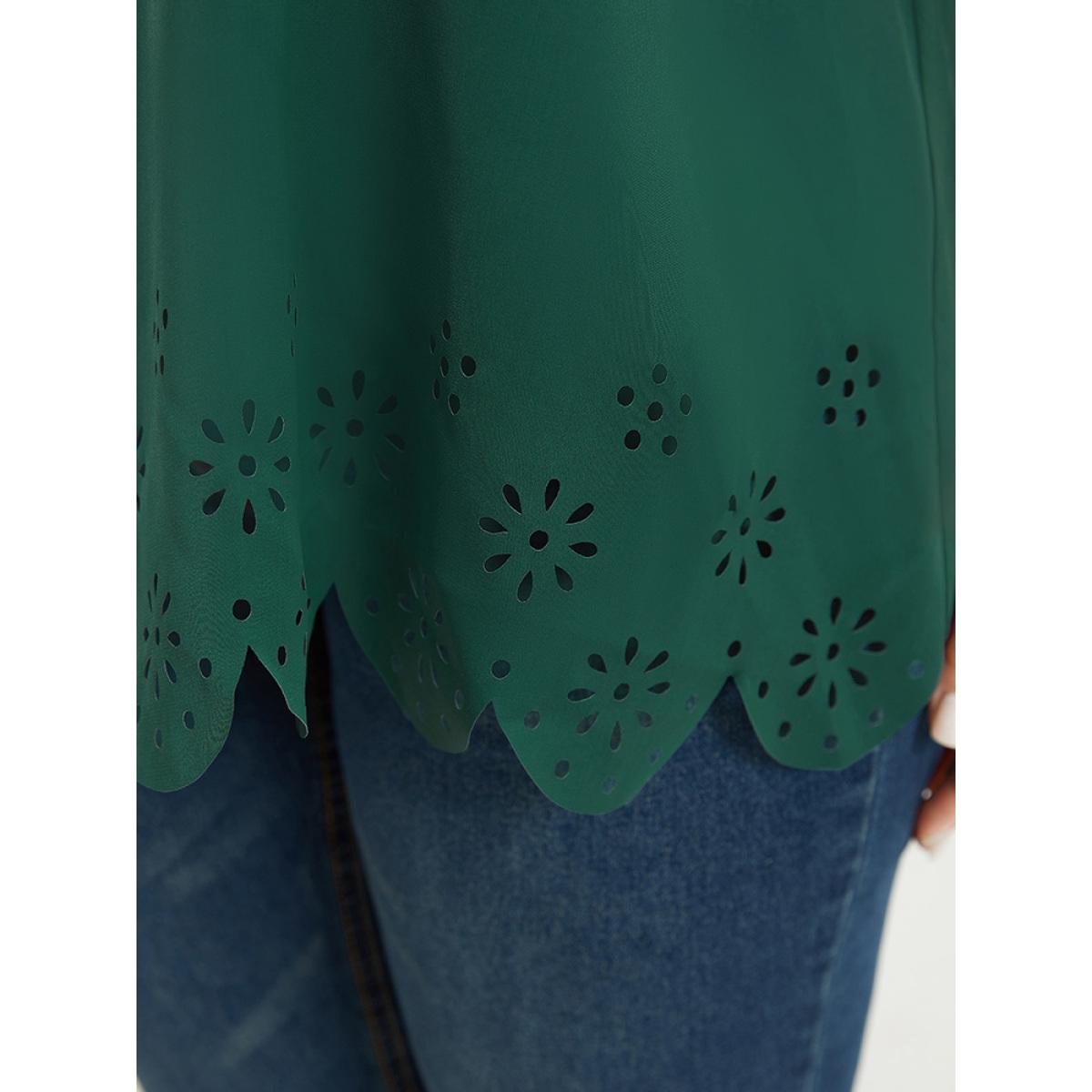 Plus Size DarkGreen Solid Scalloped Trim Laser Cut Ruffle Sleeve Blouse Women Elegant Short sleeve V-neck Dailywear Blouses BloomChic 26/4X Product Image