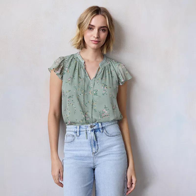 Petite LC Lauren Conrad Tie Front Ruffle V-Neck Shell Top, Womens Product Image