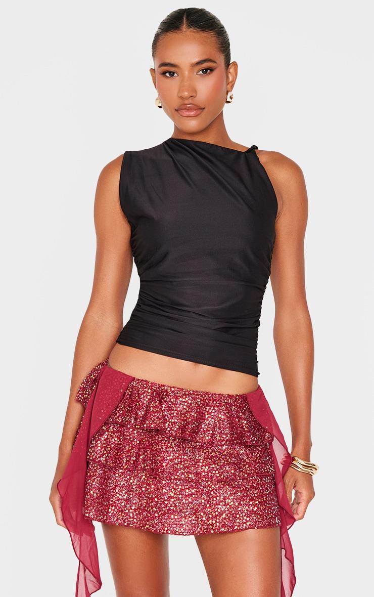 Burgundy Frilly Sequin Draping Detail Mini Skirt Product Image
