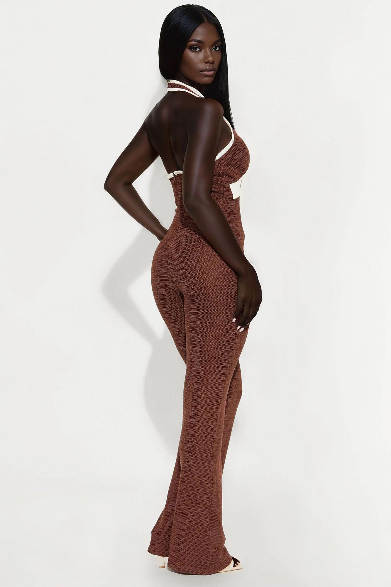 Extended Stay Crochet Jumpsuit - Chocolate/Combo Female Product Image
