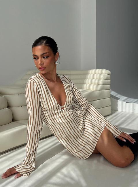 The Good Life Mini Dress Brown / White Stripe Product Image