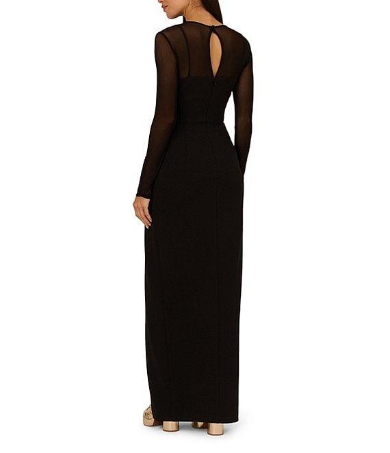 Adrianna Papell Crepe Knit Mock Neck Mesh Bodice Illusion Long Sleeve Side Slit Sheath Dress Product Image